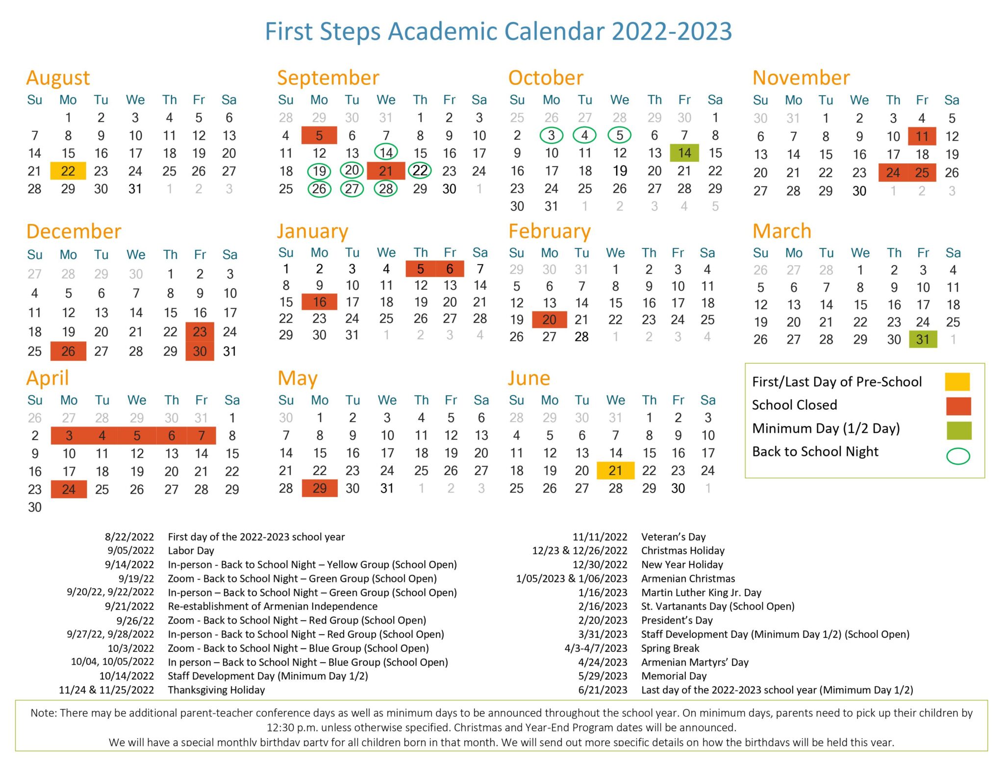 Academic Calendar | First Steps PEC